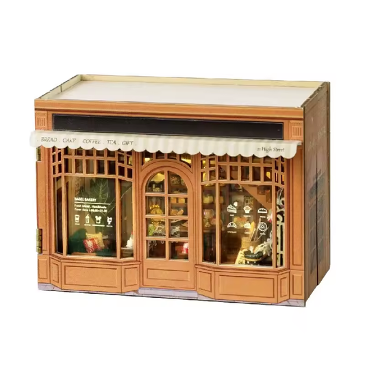Coffee & Bakery Dollhouse Kit - Miniature Wizardi Roombox Kit with LED Light F07M51-63-MINI-111-1