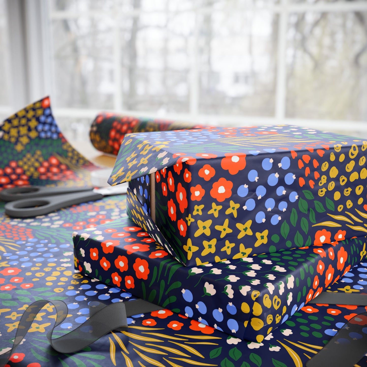 Midnight Cottage Bloom Wrapping Paper, Matte