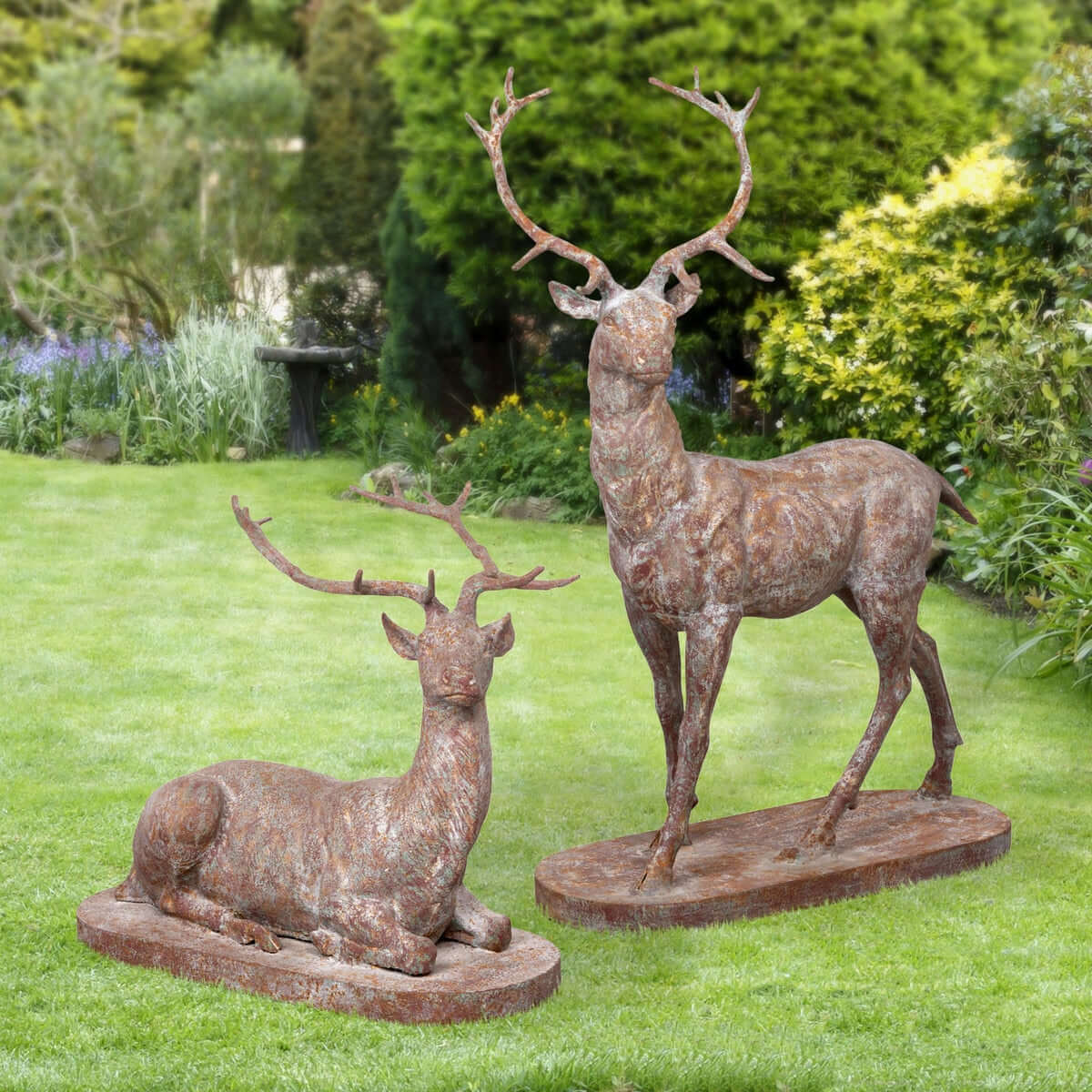 Patinate Iron Deer Statues | Set of 2