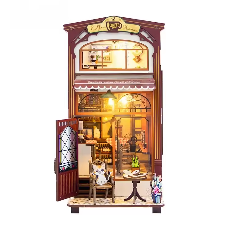 Coffee House Dollhouse Kit - Miniature Wizardi Roombox Kit with LED Light F07M51-84-M2411-1