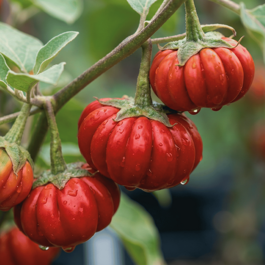 pumpkin on a stick or red china eggplant on a green stem